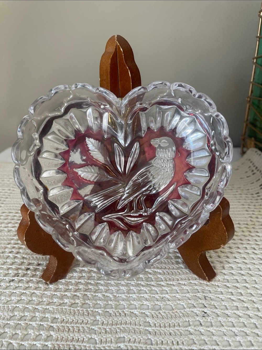 Clear Heart-Shaped Pressed Glass Dish with Bird motif - west Germany origin